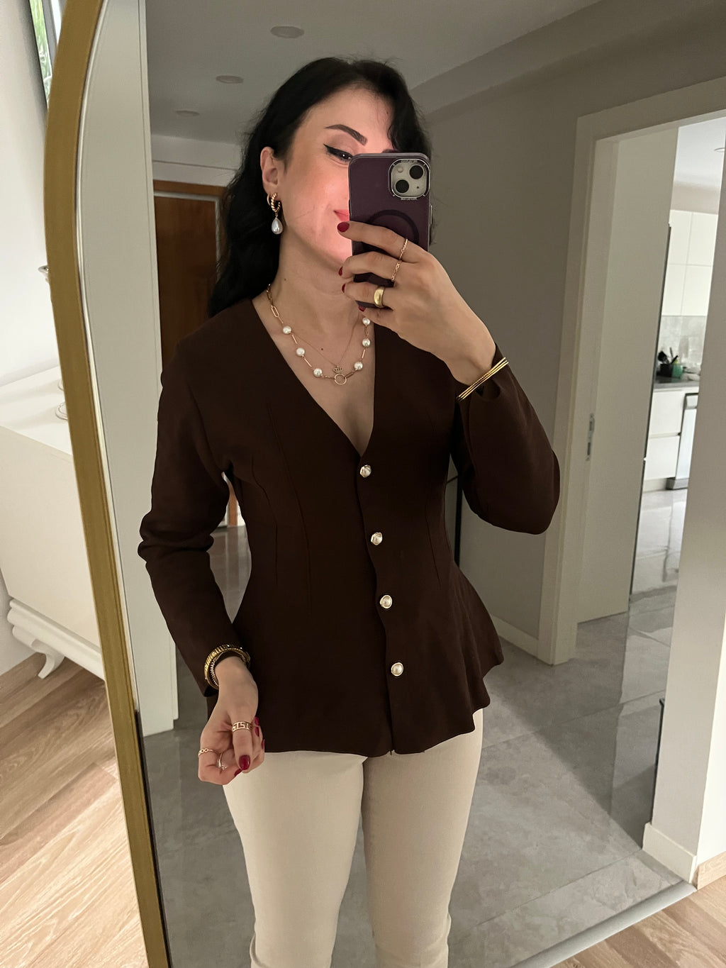 Acı Kahve İnci Düğmeli Triko Bluz