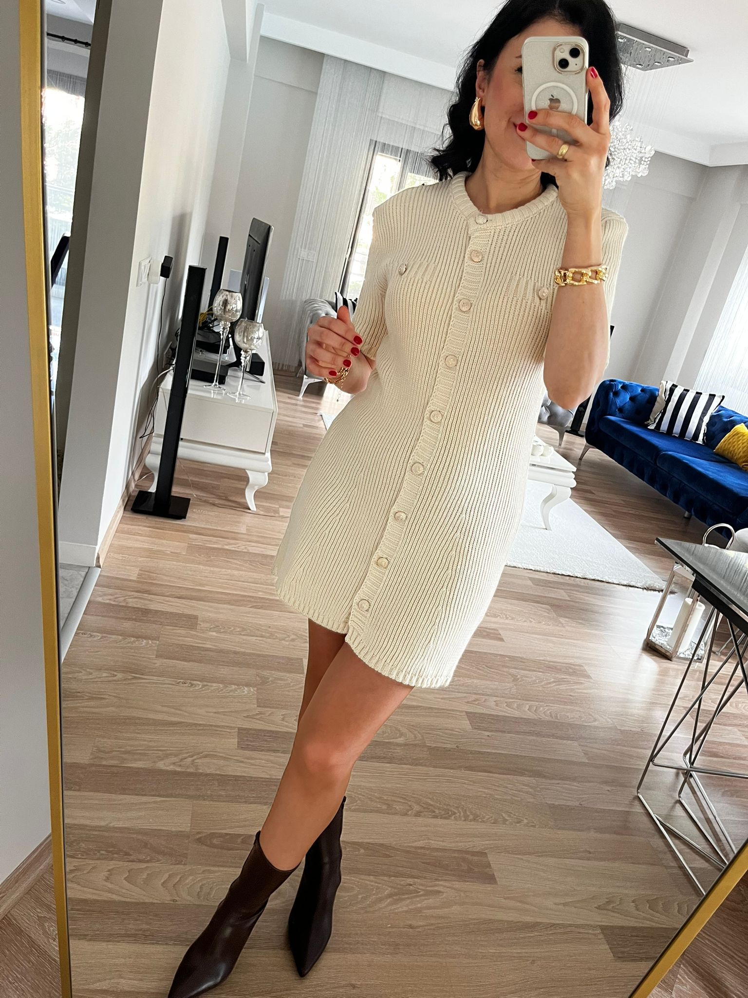 Soft Gold Düğmeli Triko Elbise -Ekru