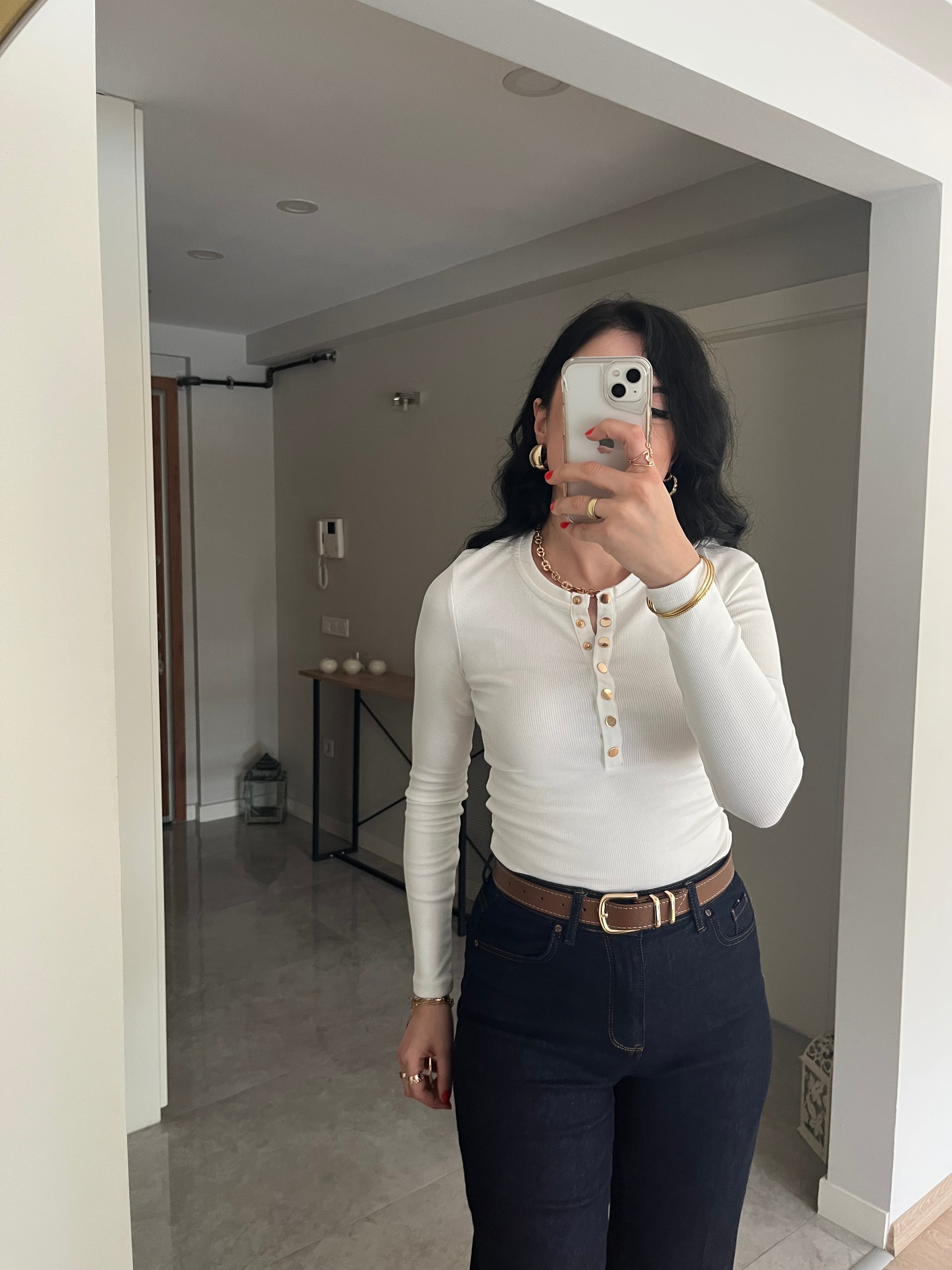 Gold Çıtçıt Düğmeli Basic Body -Beyaz
