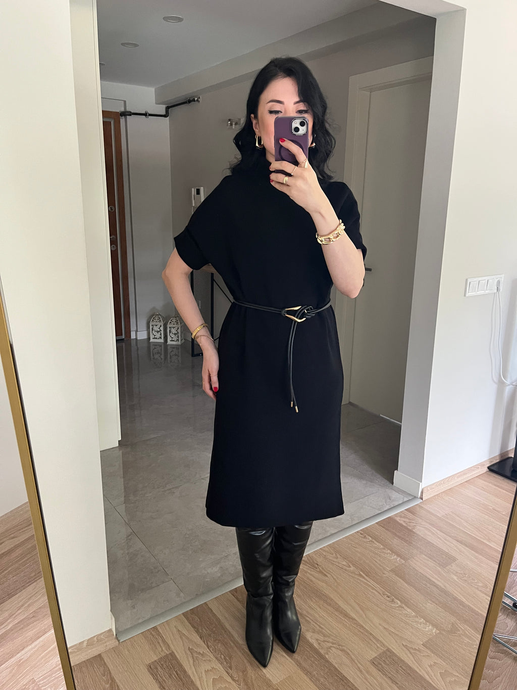 Siyah Yarasa Kol Triko Elbise