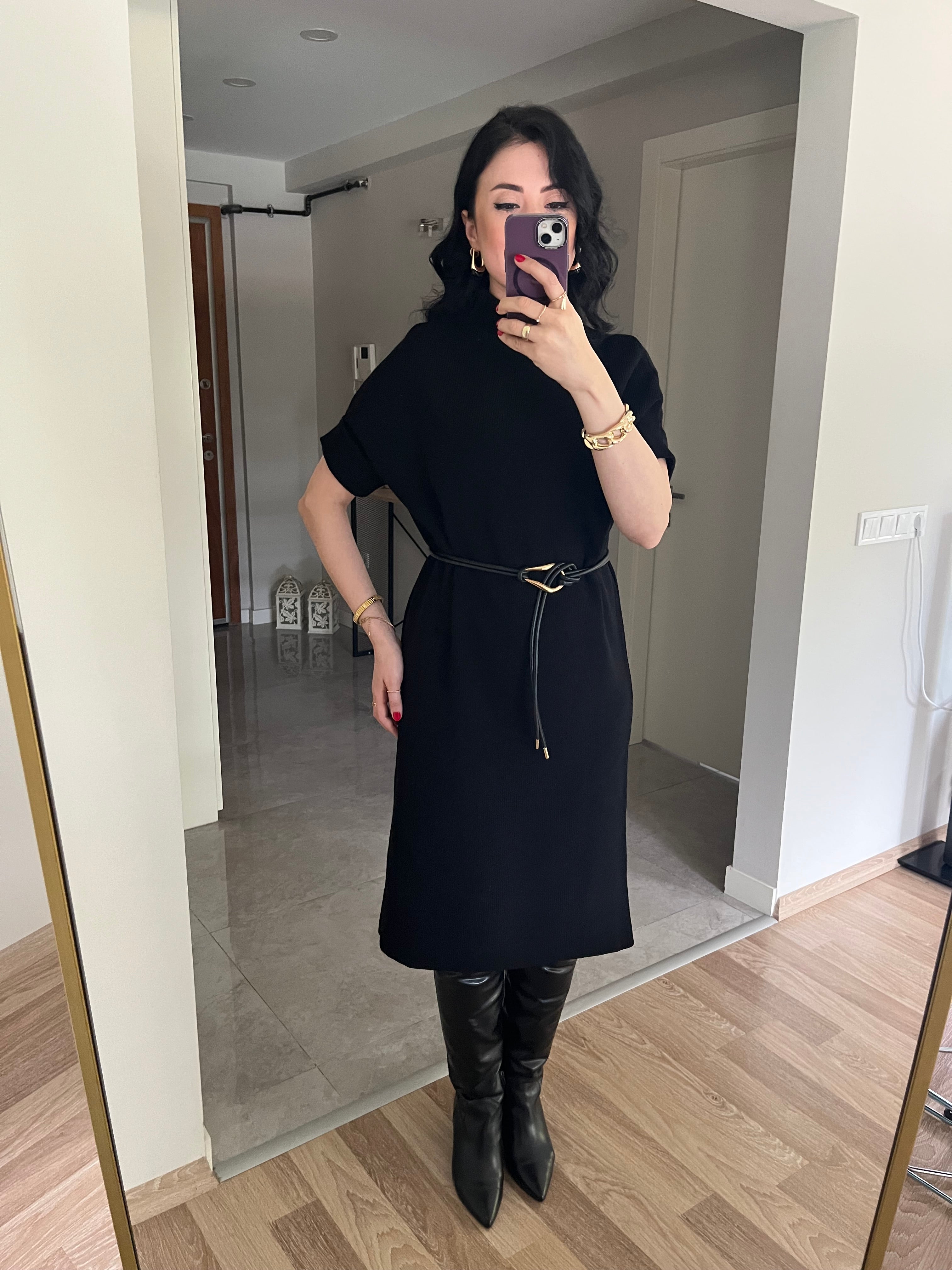 Siyah Yarasa Kol Triko Elbise