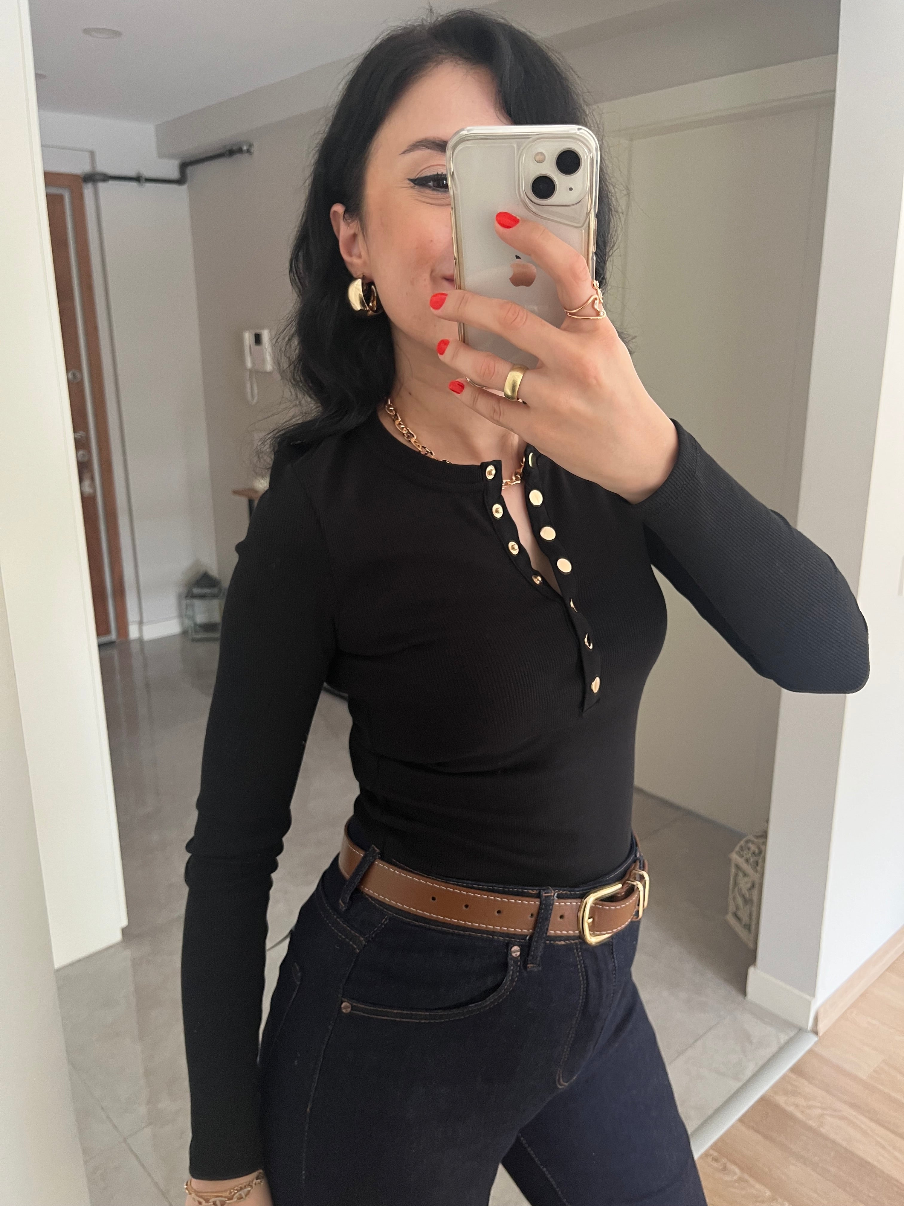 Gold Çıçıt Düğmeli Basic Body -Siyah