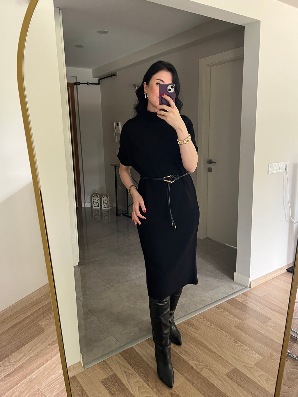 Siyah Yarasa Kol Triko Elbise