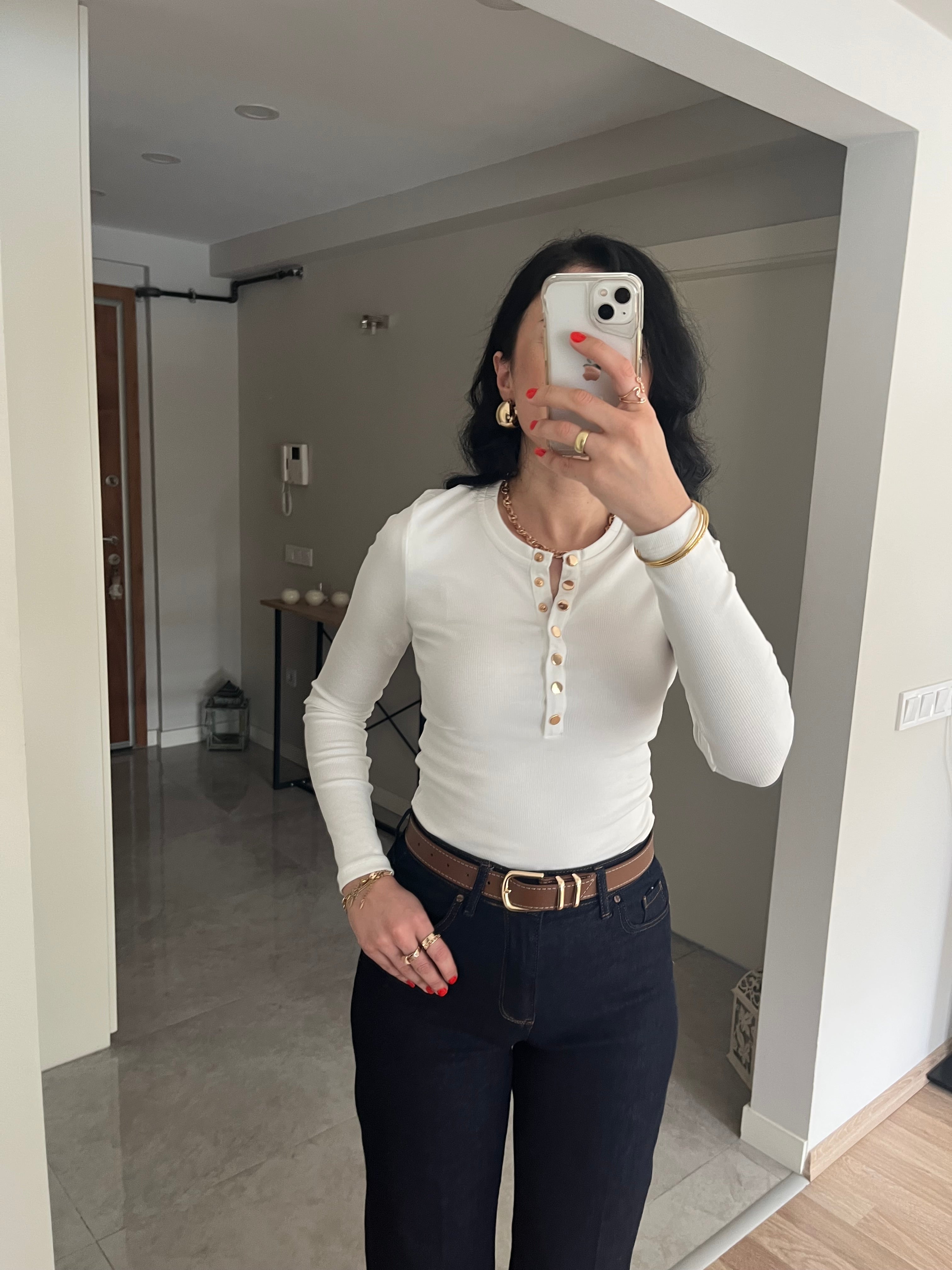 Gold Çıtçıt Düğmeli Basic Body -Beyaz