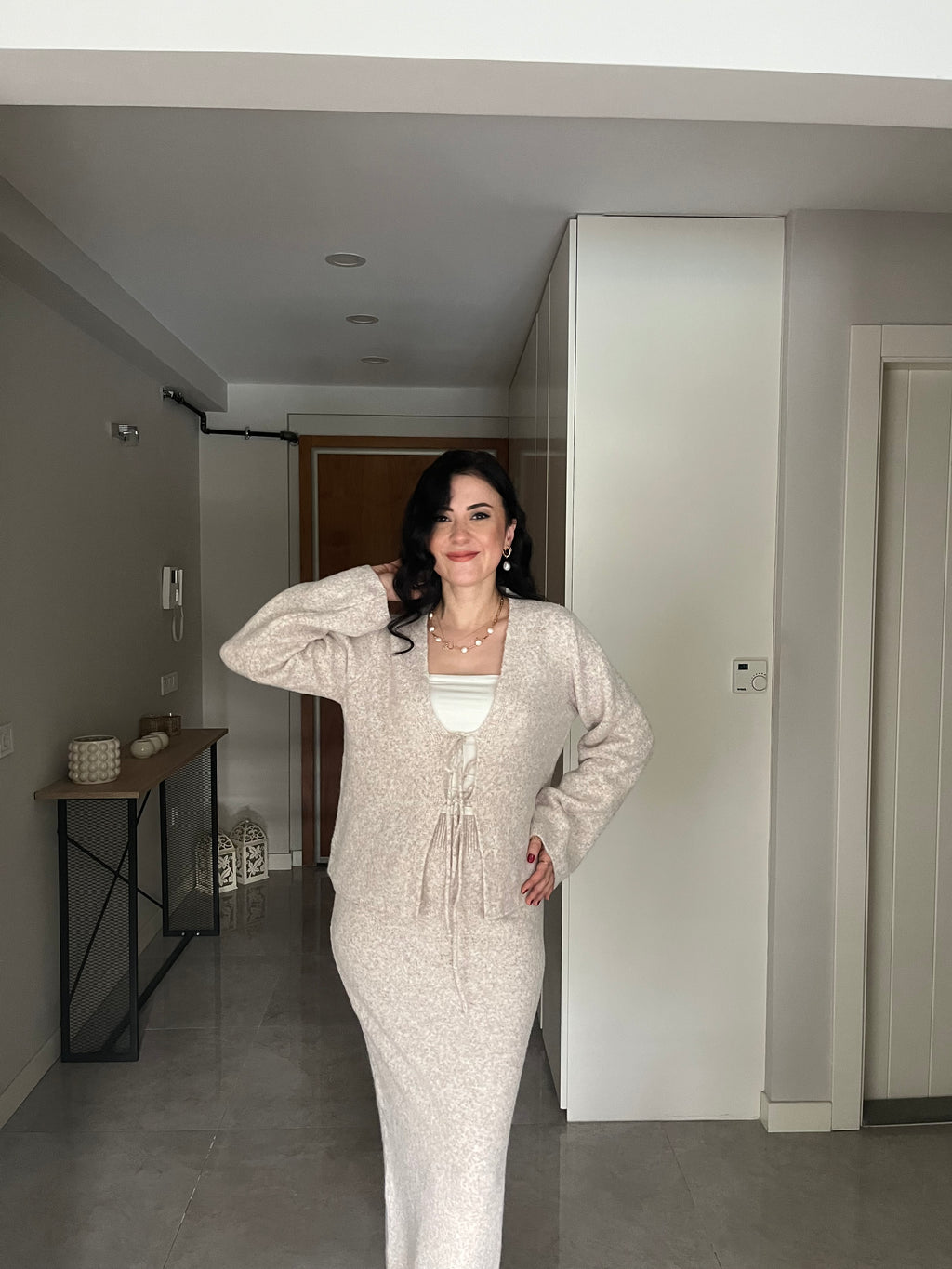 Ekru Bluz Etek Triko Takım