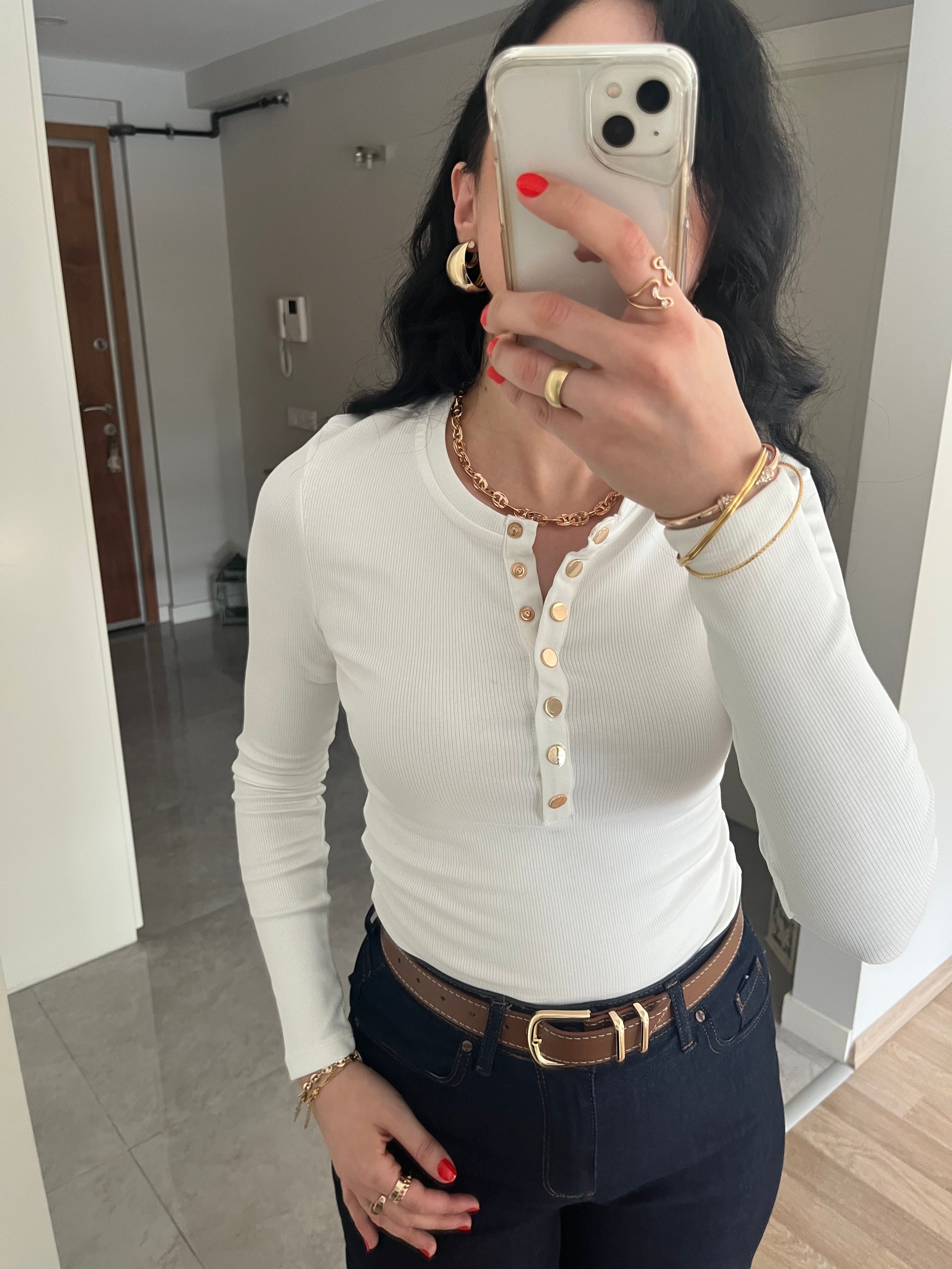 Gold Çıtçıt Düğmeli Basic Body -Beyaz