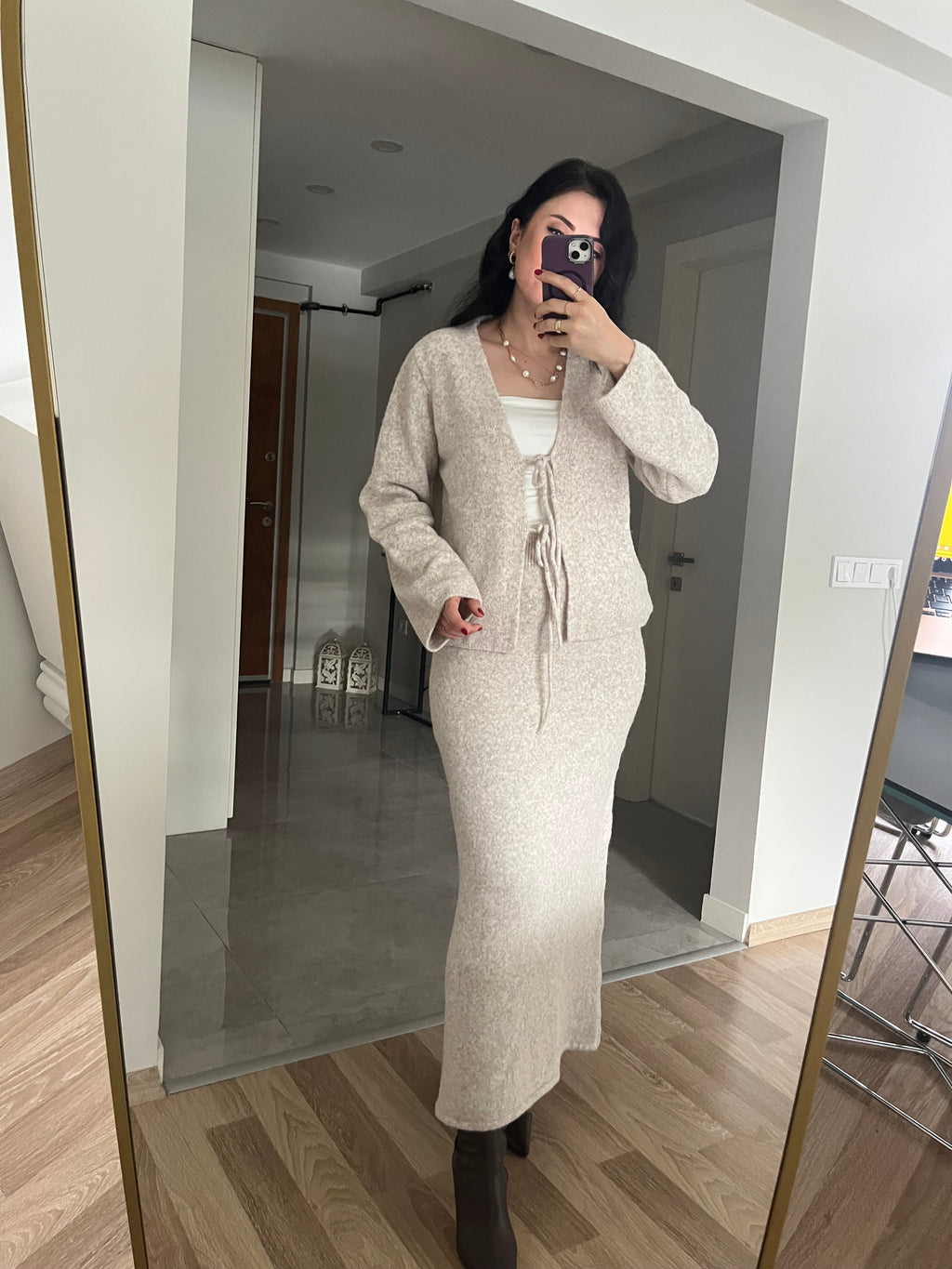 Ekru Bluz Etek Triko Takım