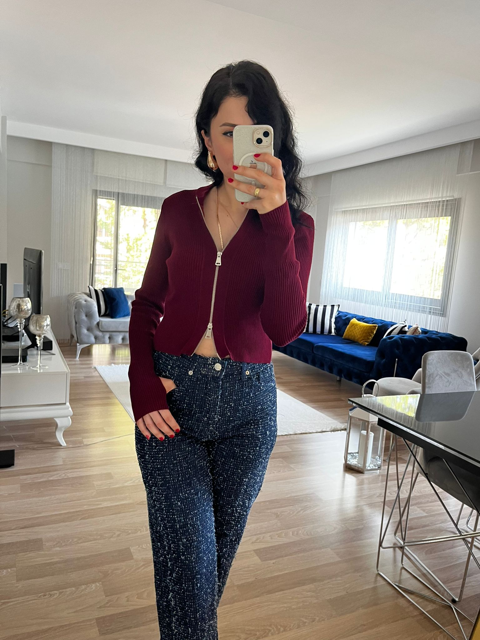 Çift Fermuarlı Parmak Detay Triko-Bordo