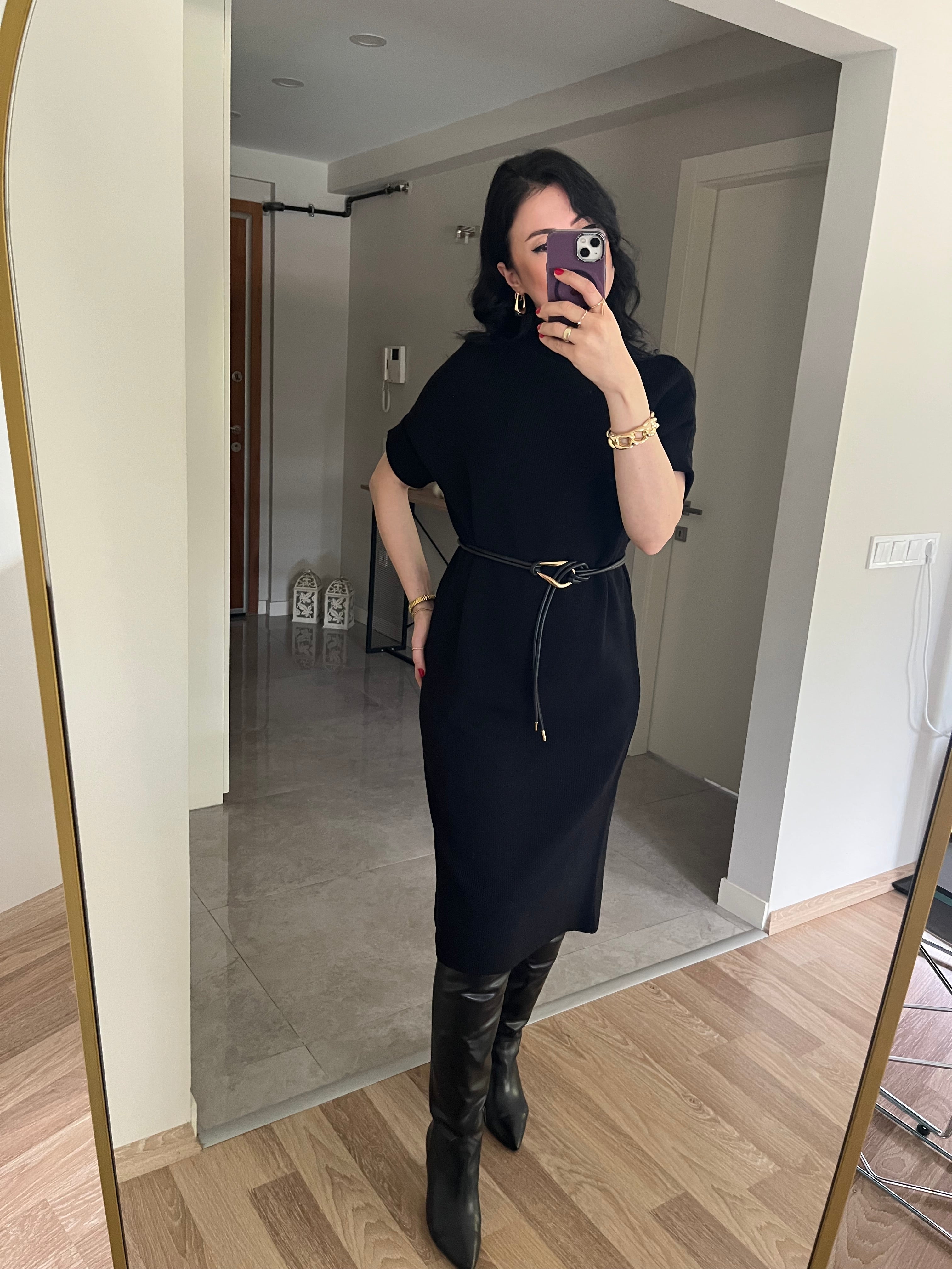 Siyah Yarasa Kol Triko Elbise