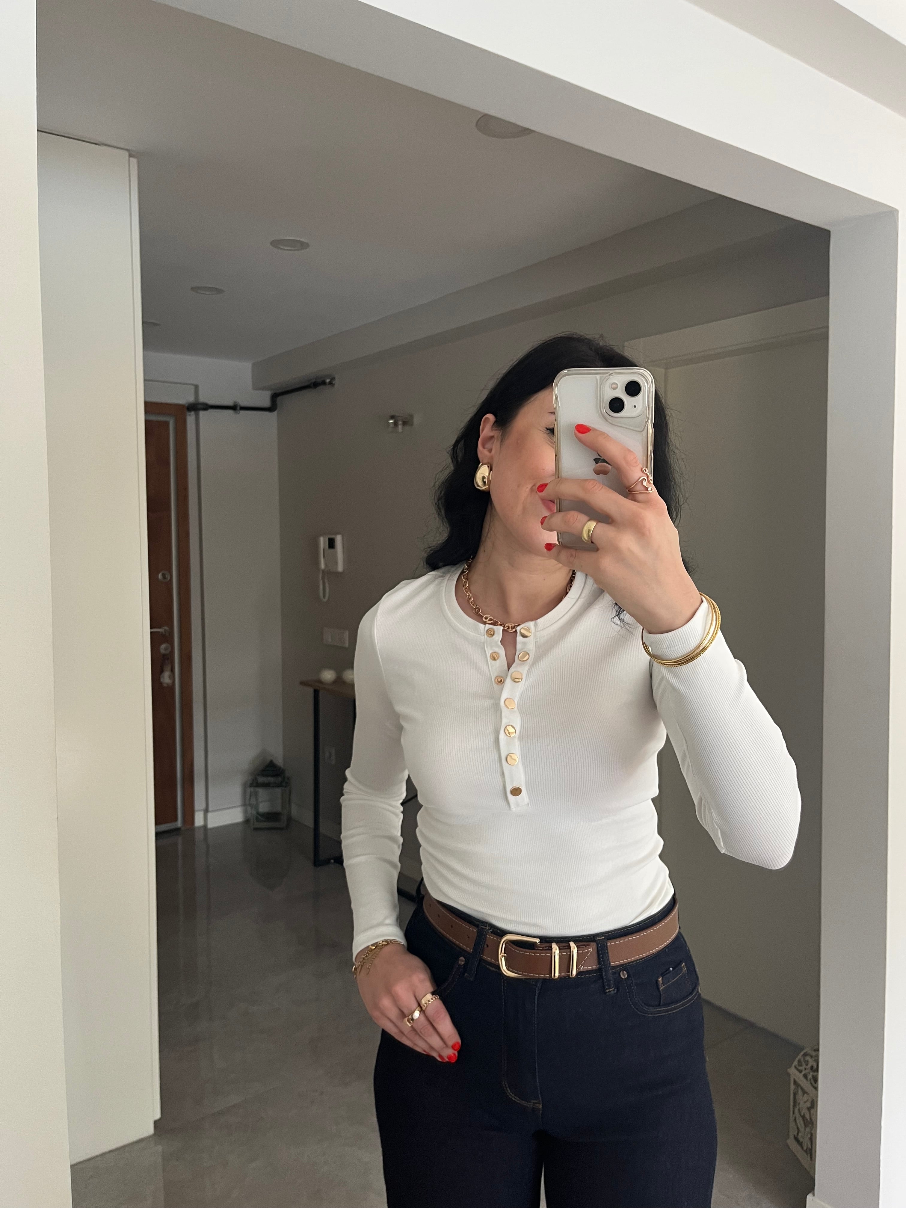 Gold Çıtçıt Düğmeli Basic Body -Beyaz
