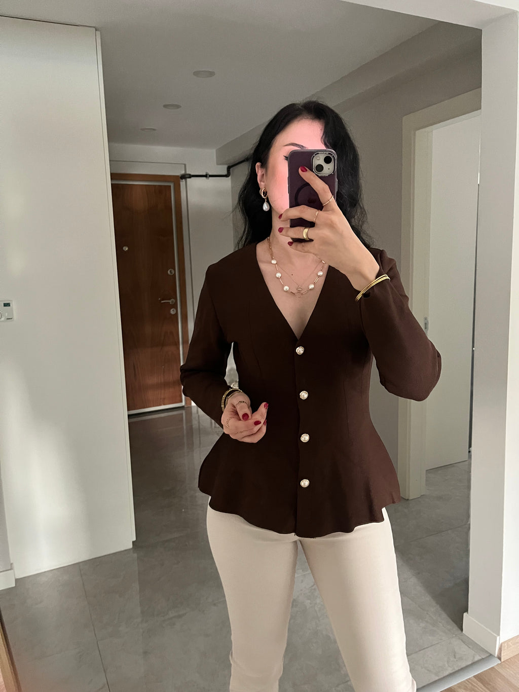 Acı Kahve İnci Düğmeli Triko Bluz