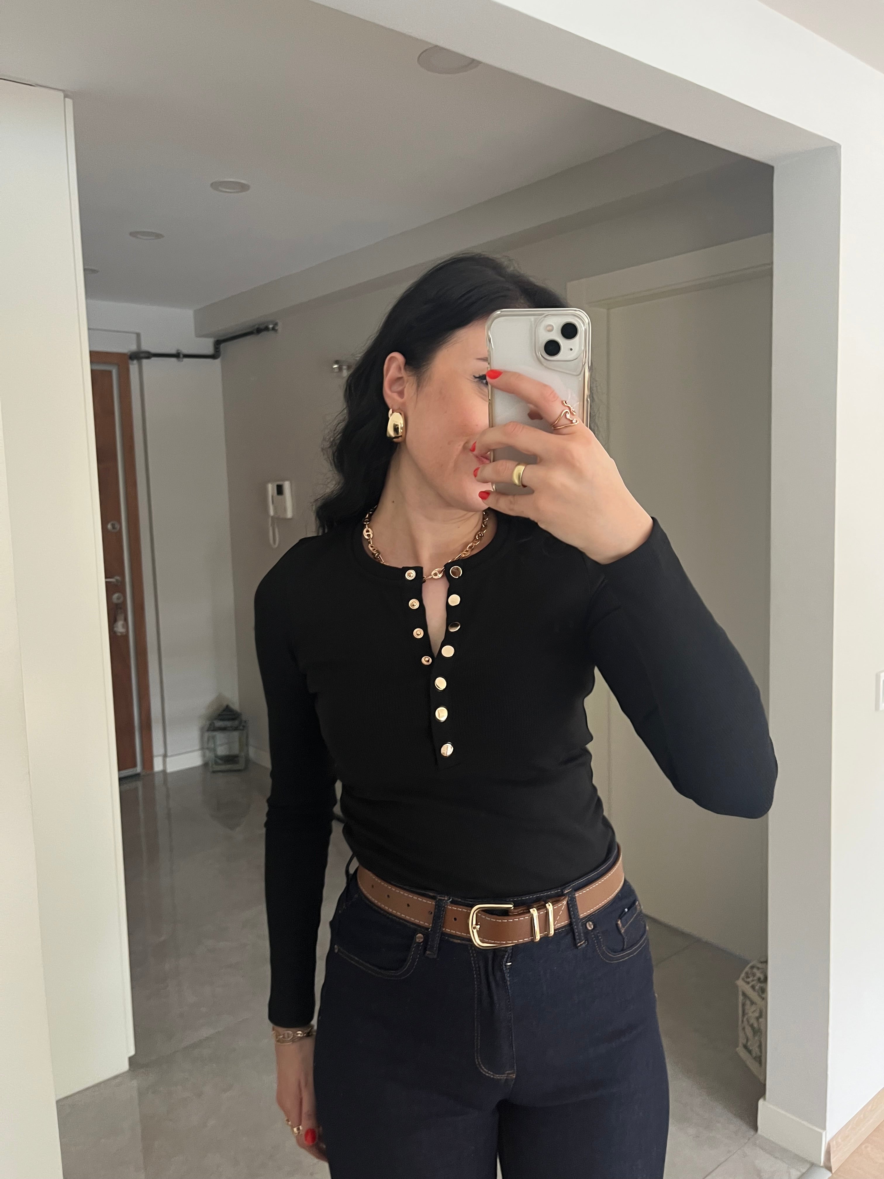 Gold Çıçıt Düğmeli Basic Body -Siyah