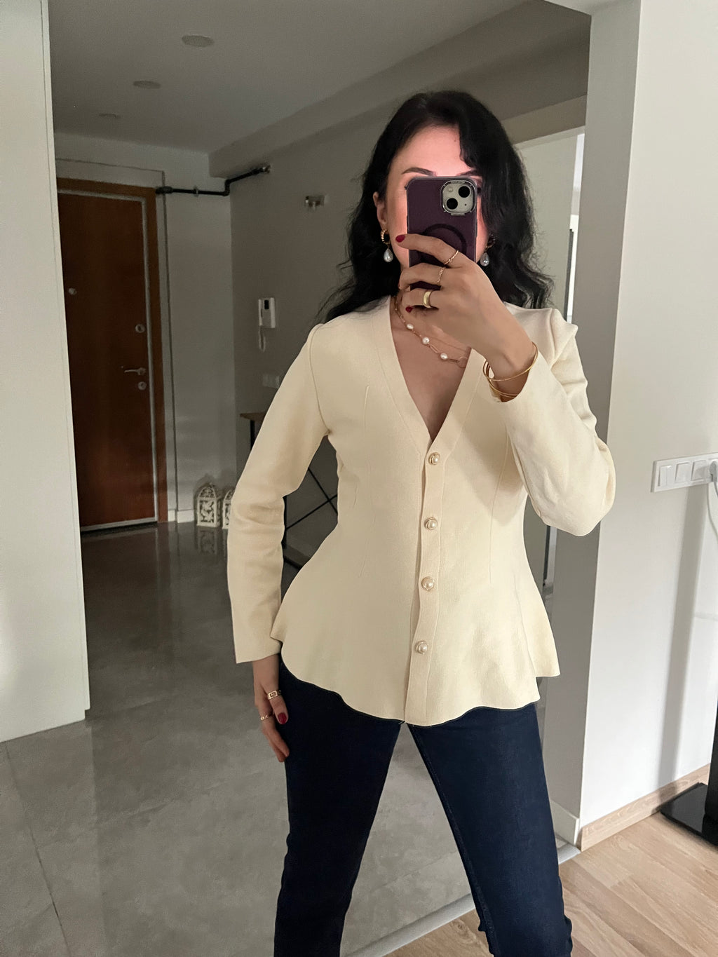 Ekru İnci Düğmeli Çelik Triko Bluz