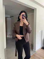 Kahverengi Vatkalı Kemerli Deri Ceket