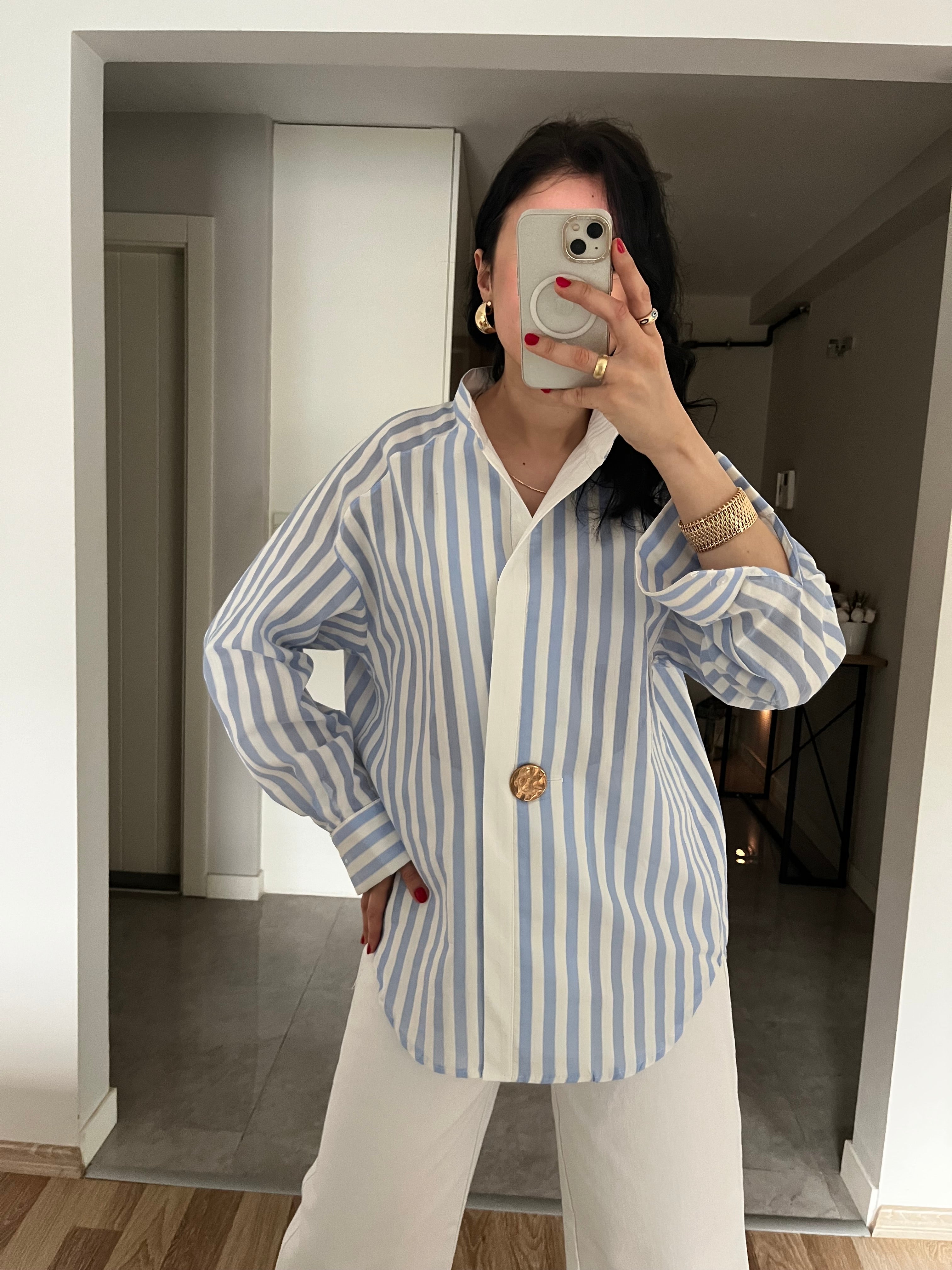 Mavi Çizgili Poplin Kumaş Tek Düğme Gömlek