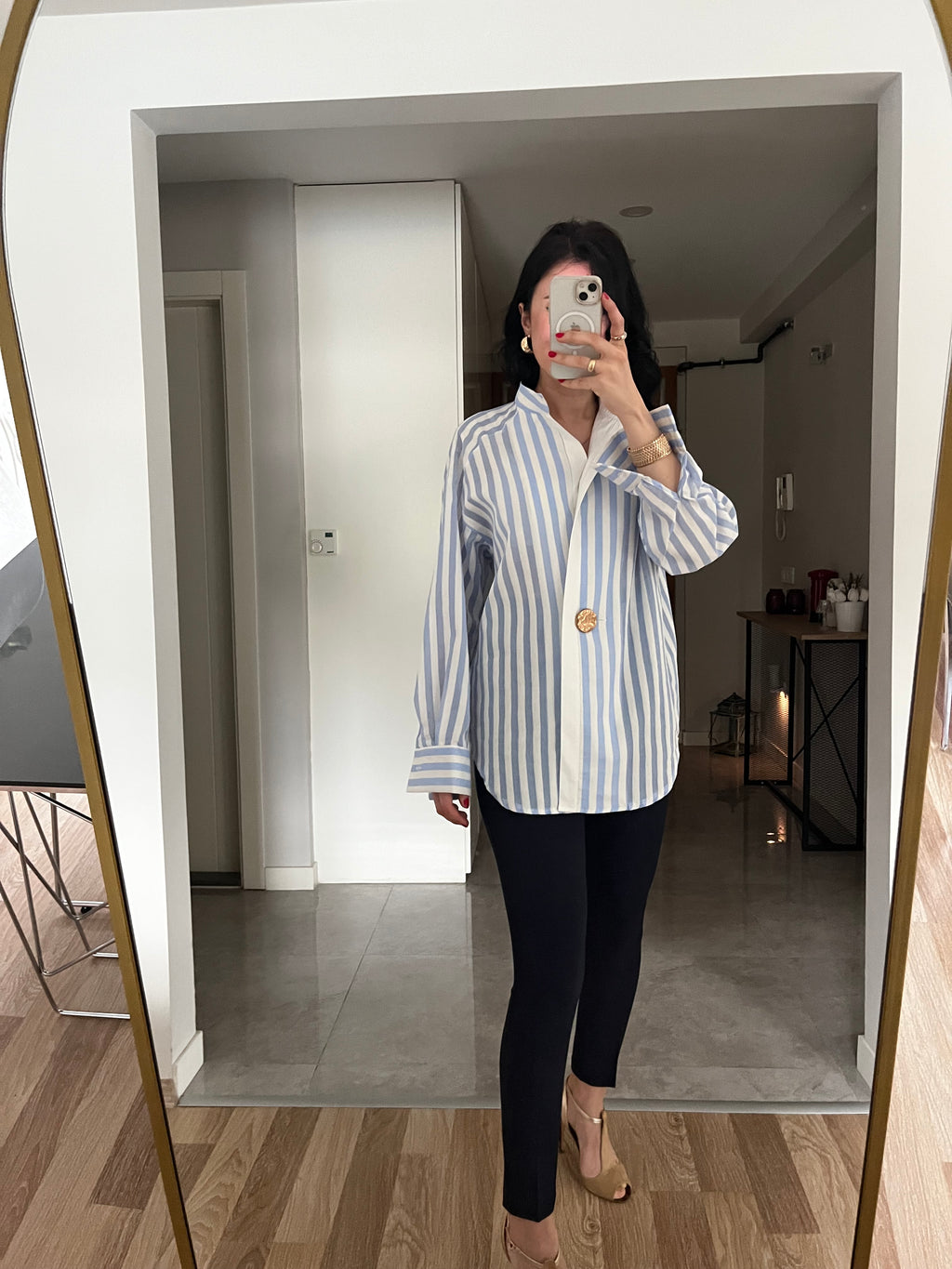 Mavi Çizgili Poplin Kumaş Tek Düğme Gömlek