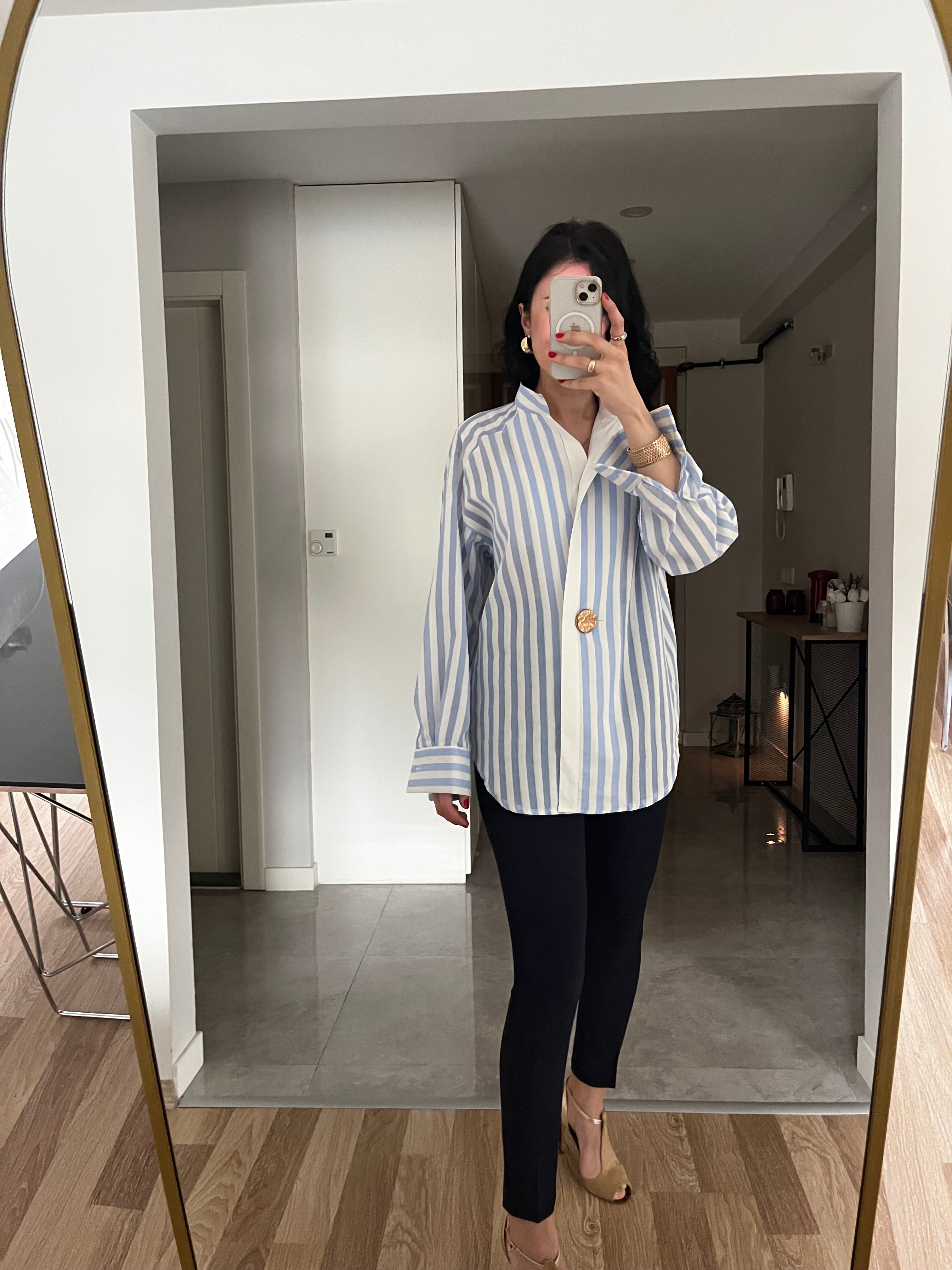 Mavi Çizgili Poplin Kumaş Tek Düğme Gömlek