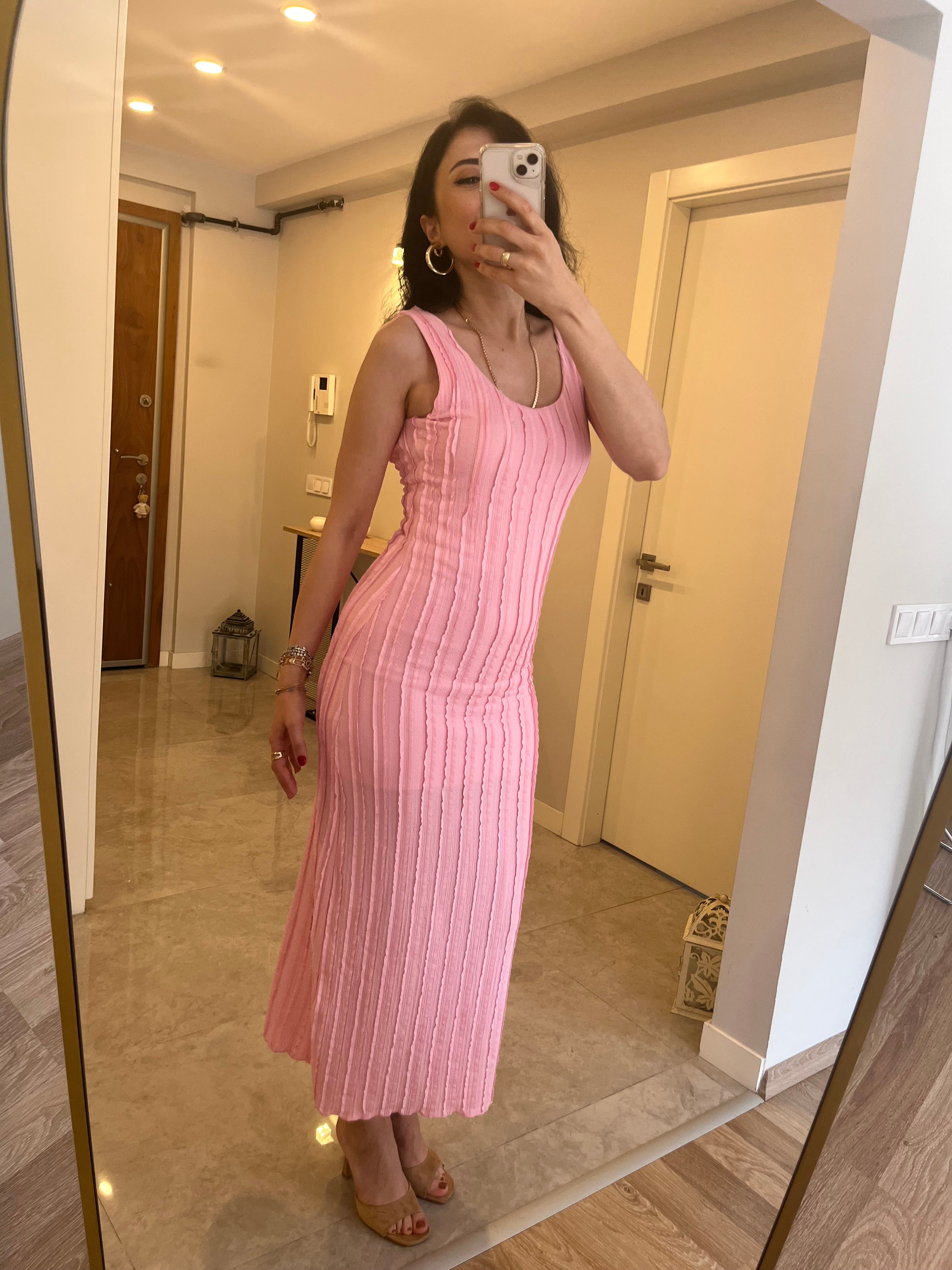 Jakarlı Tiril Kumaş Basic Elbise / Pembe