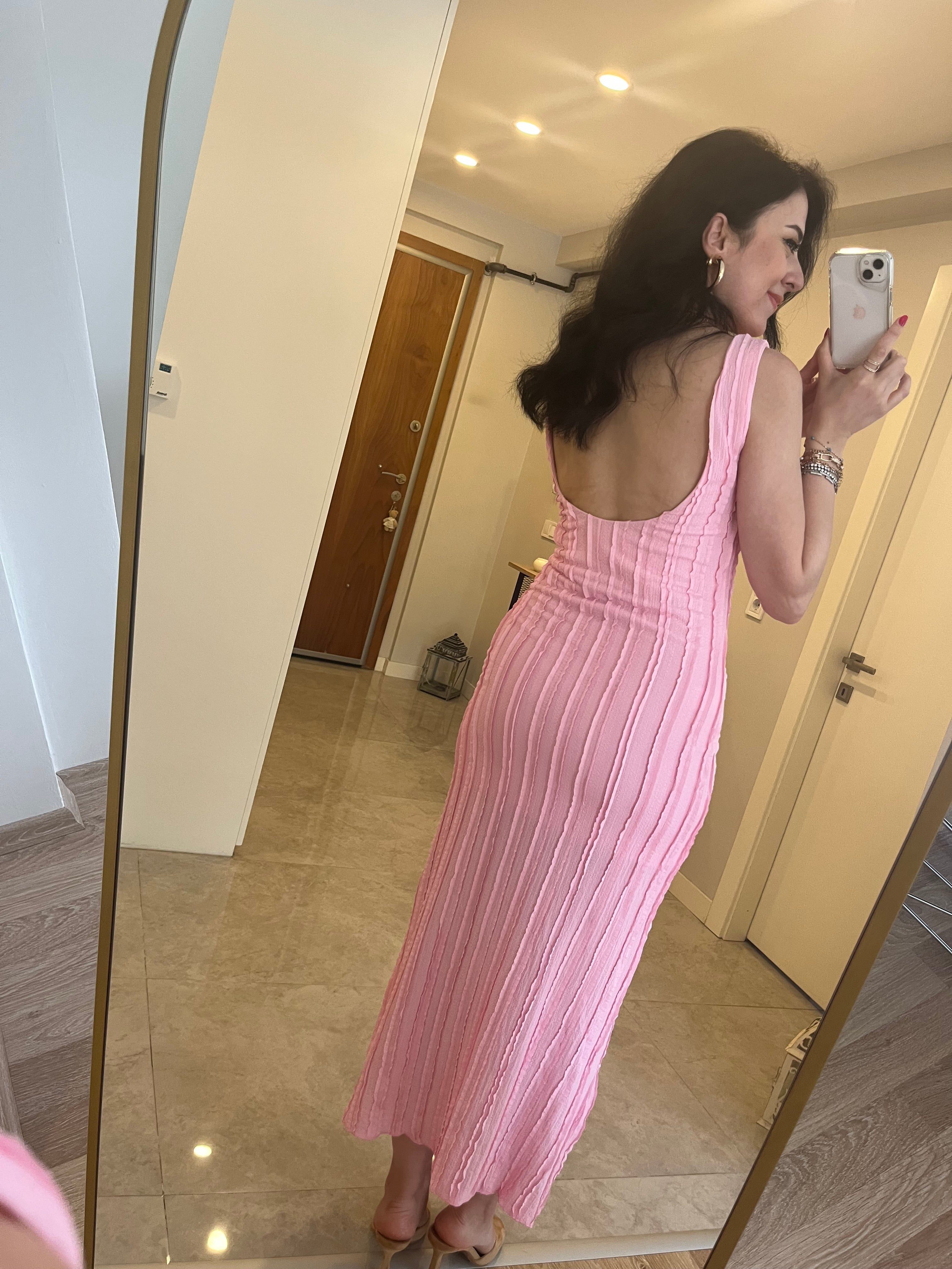 Jakarlı Tiril Kumaş Basic Elbise / Pembe