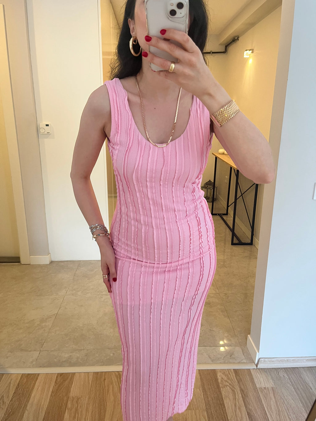 Jakarlı Tiril Kumaş Basic Elbise / Pembe