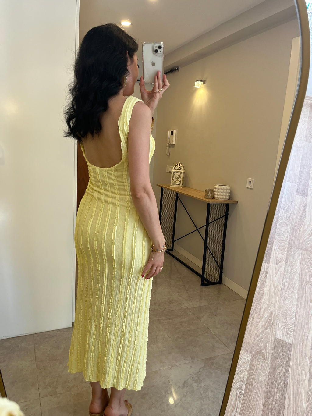 Jakarlı Tiril Kumaş Basic Elbise / Sarı