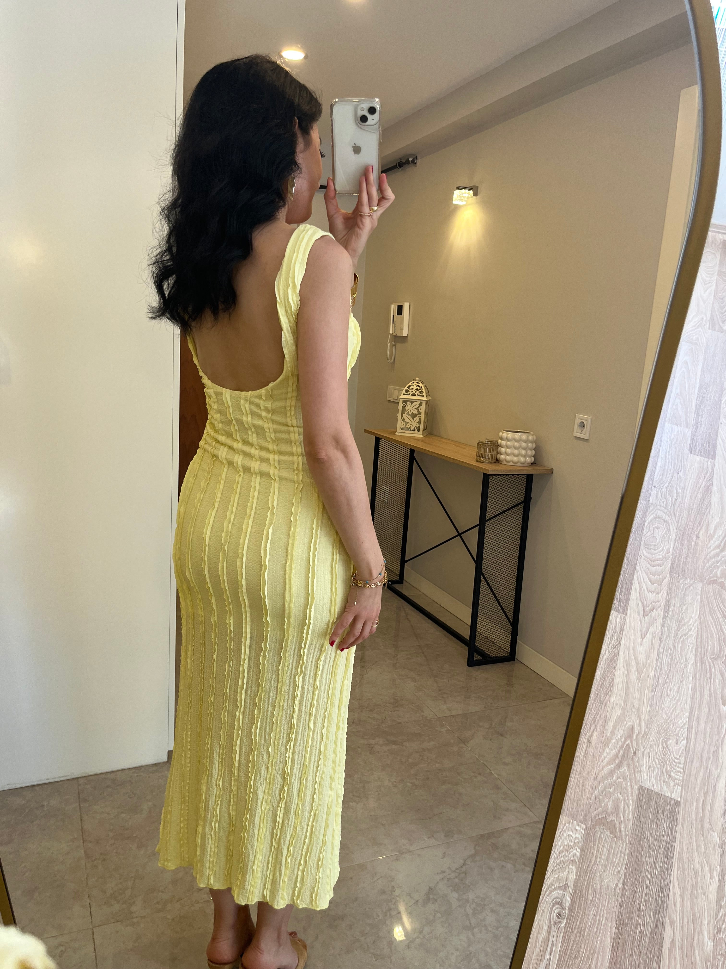 Jakarlı Tiril Kumaş Basic Elbise / Sarı