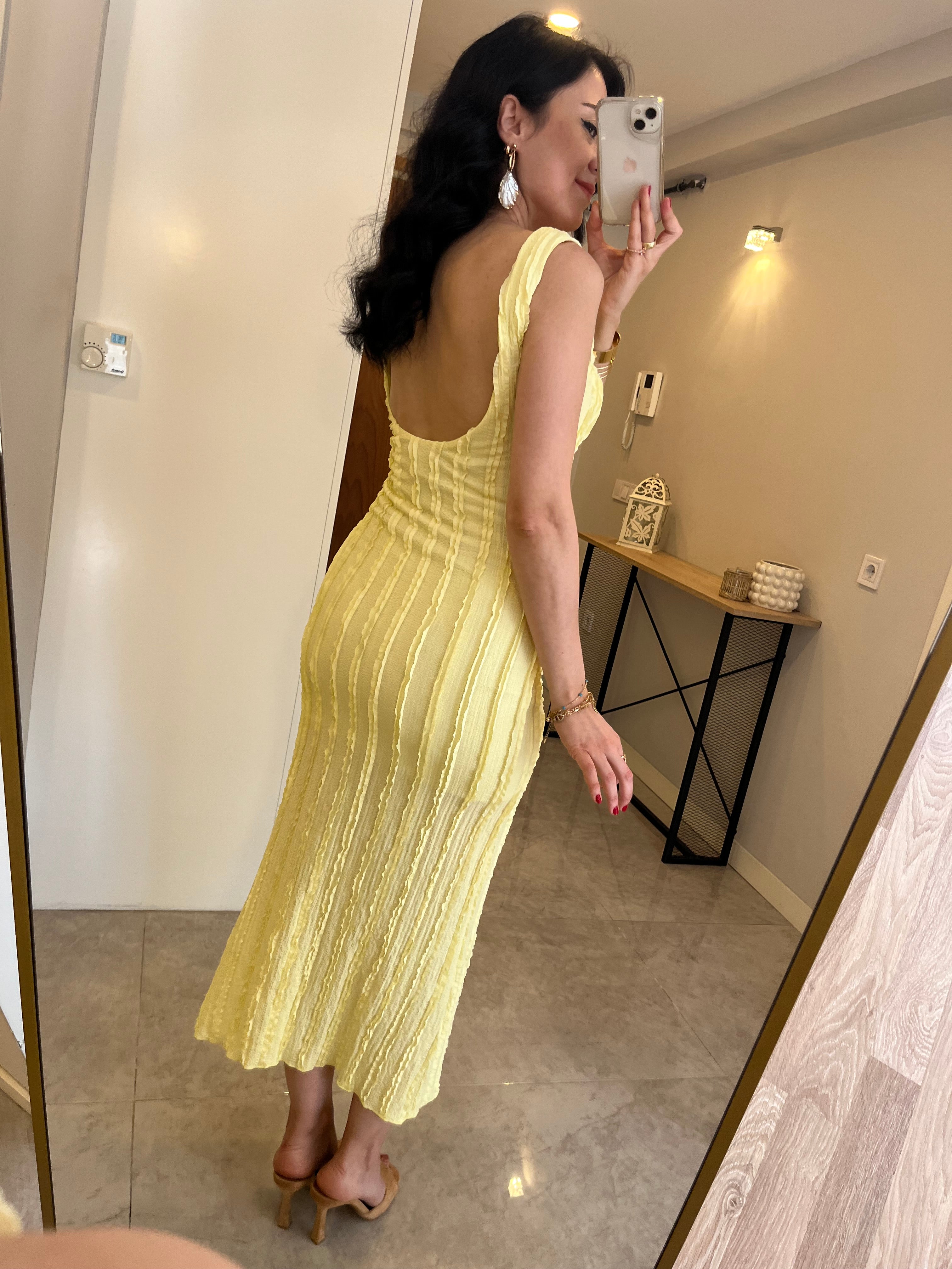 Jakarlı Tiril Kumaş Basic Elbise / Sarı