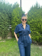Apoletli Bel Büzgü Detay Keten Takım -Lacivert