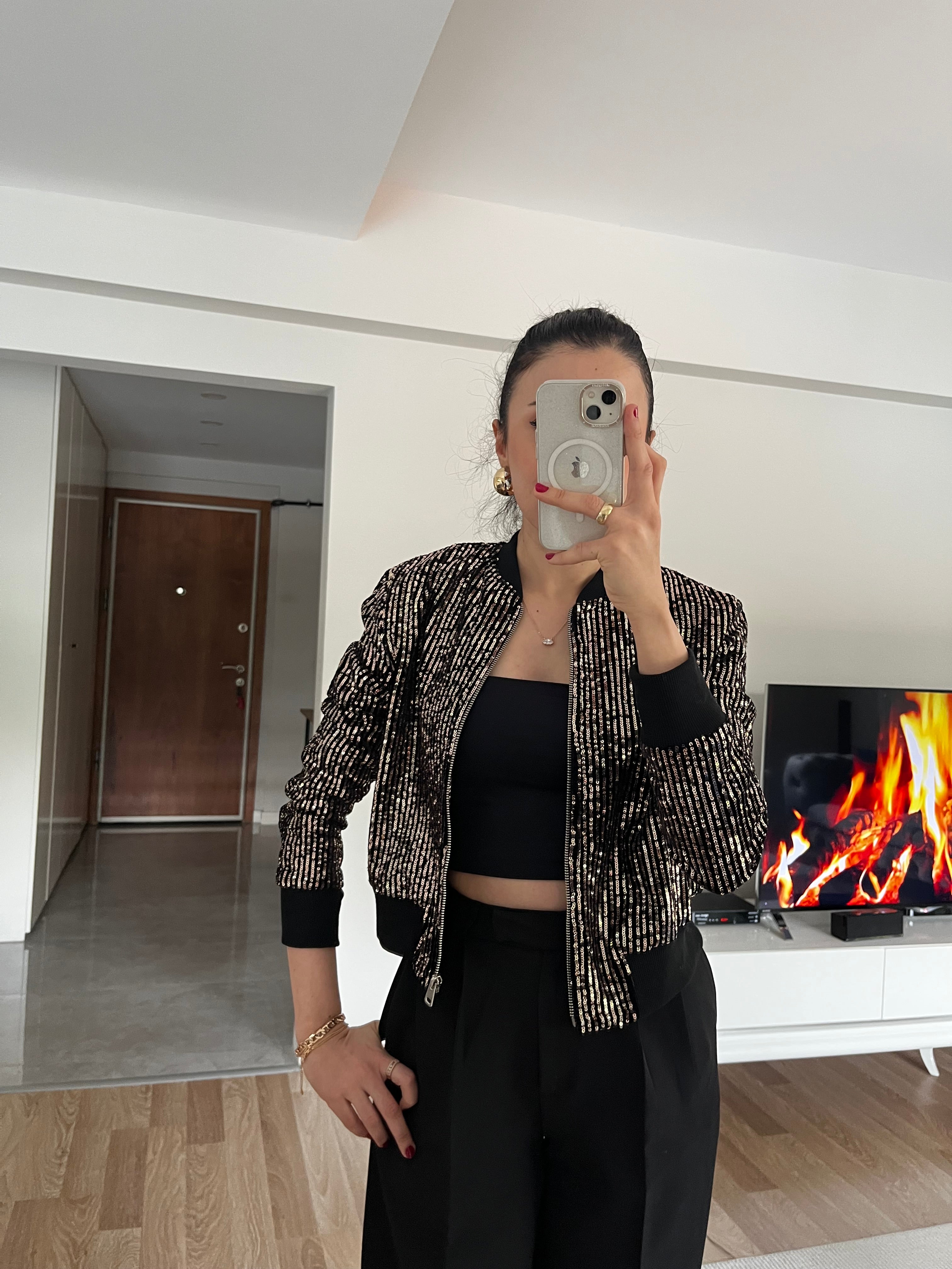 Gold Bronz Payetli Bomber Ceket