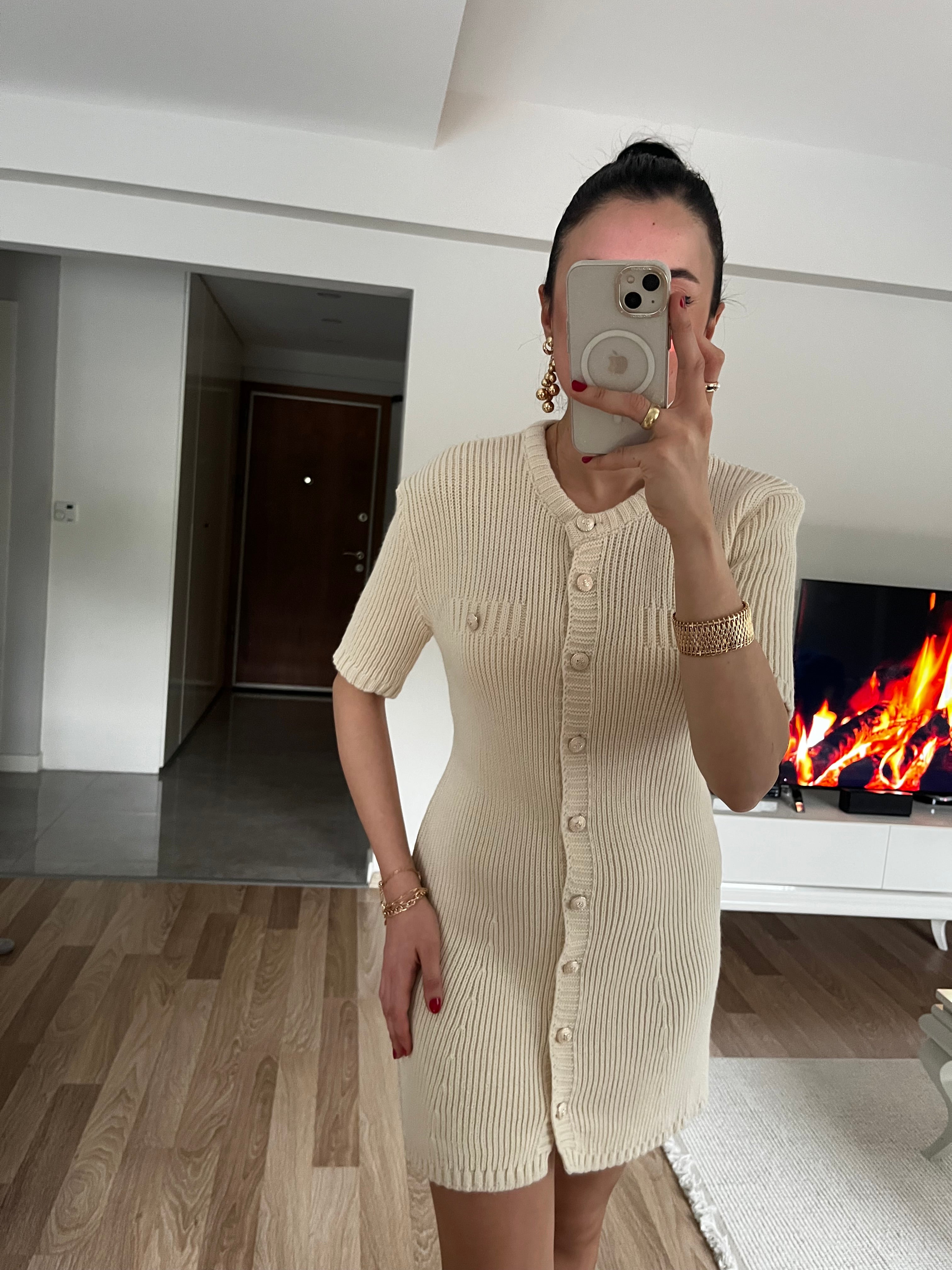 Soft Gold Düğmeli Triko Elbise -Ekru
