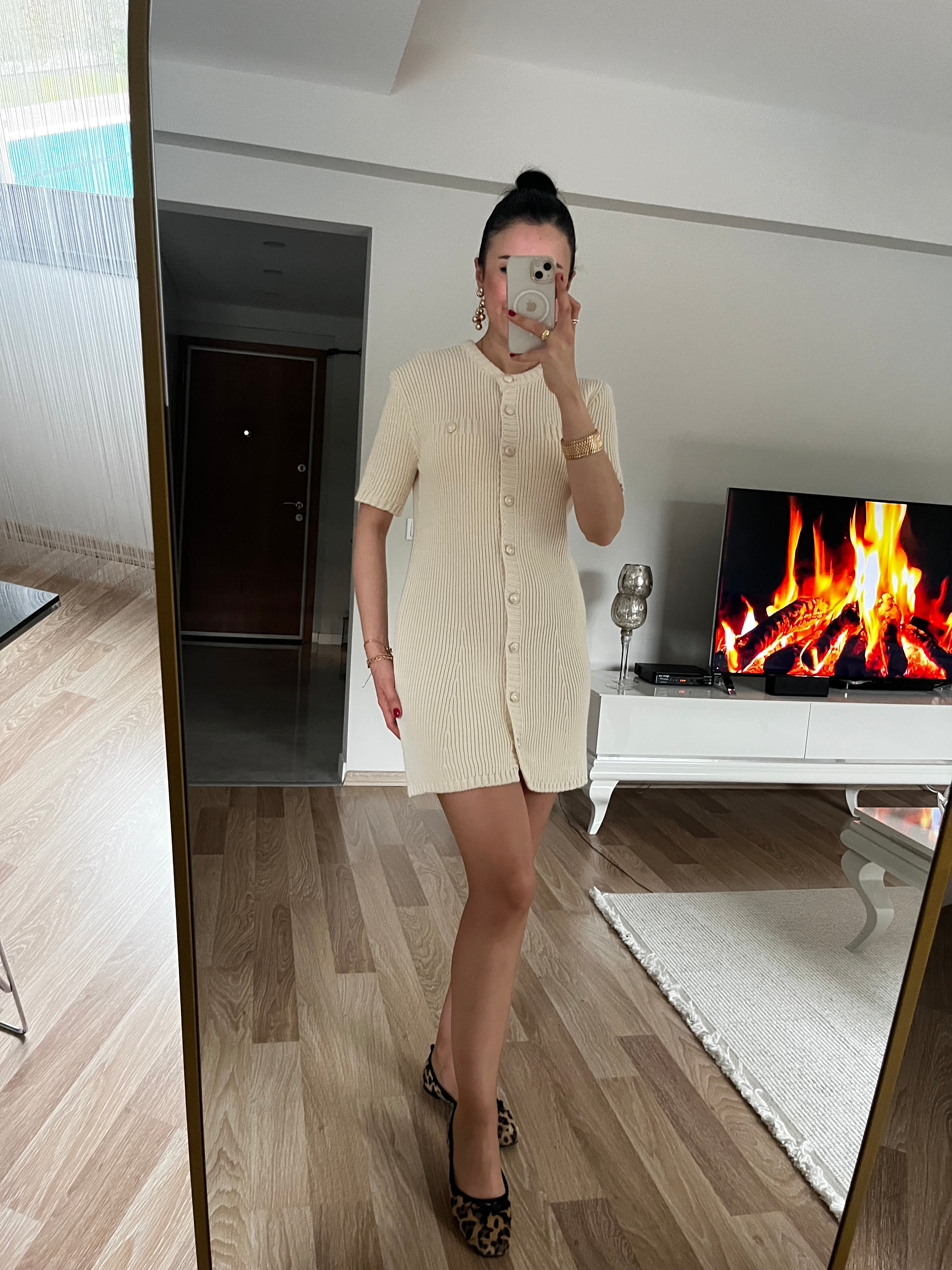 Soft Gold Düğmeli Triko Elbise -Ekru