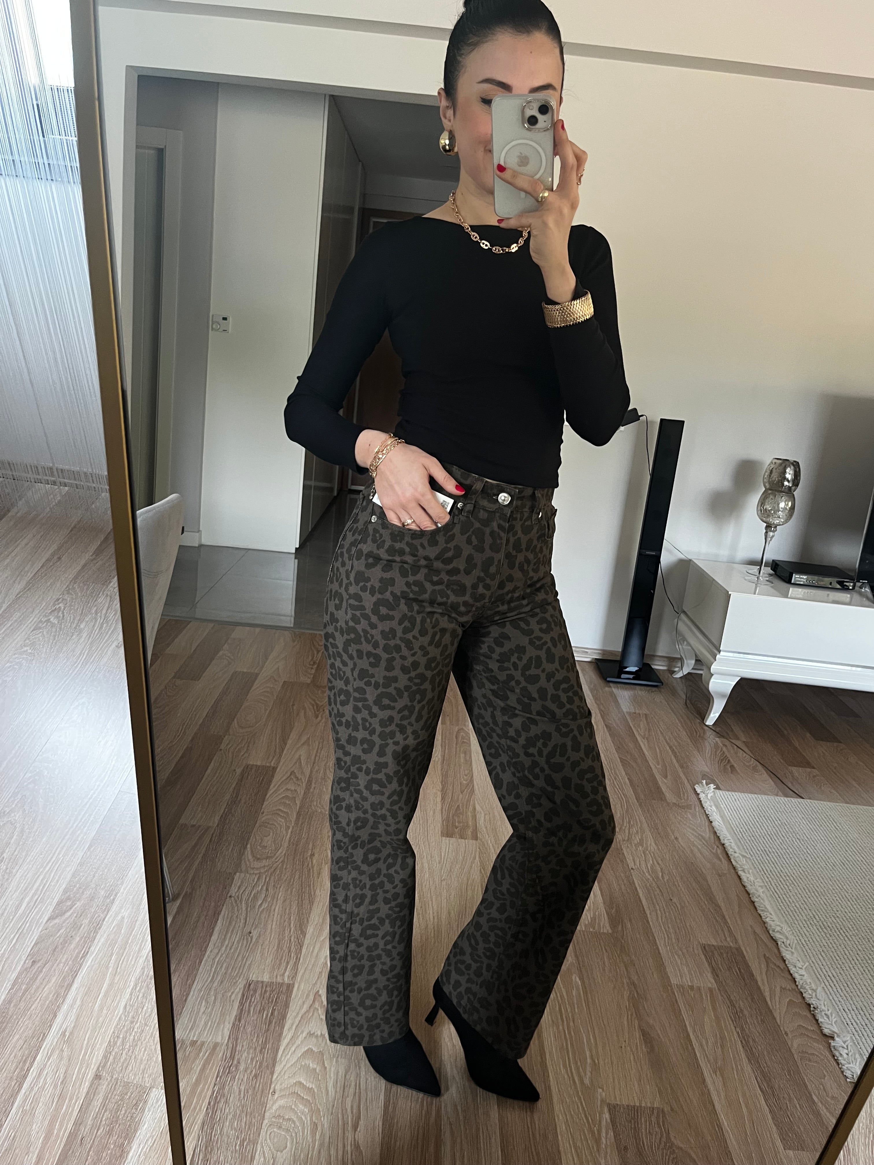 ZR Marka Leopar Desen Straight Fit Jean
