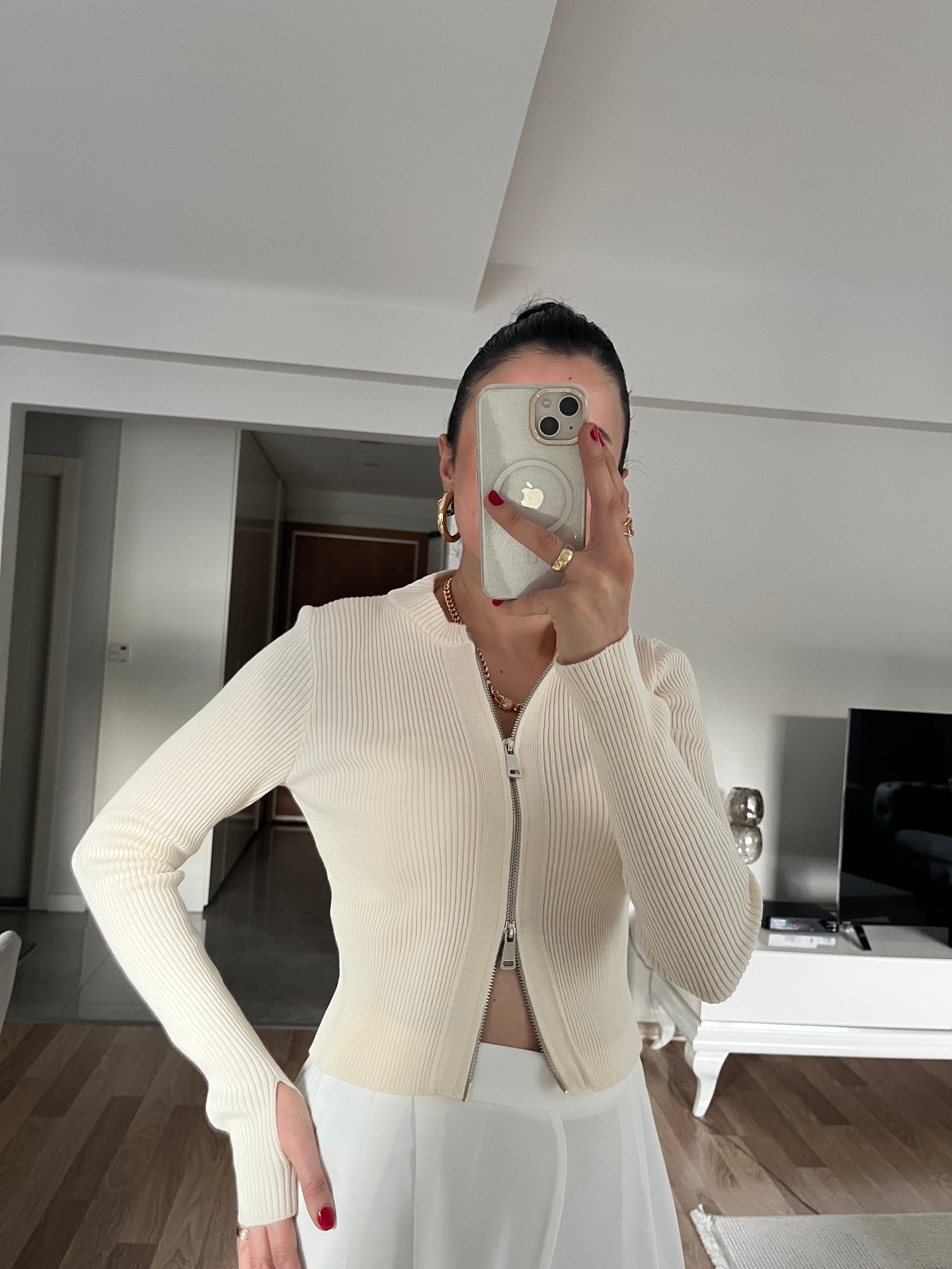 Çift Fermuarlı Parmak Detay Triko -ekru